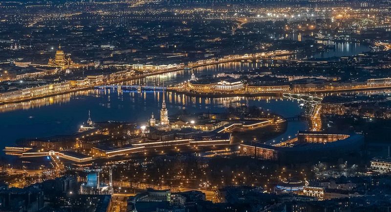 Санкт-Петербург ночью, город, фото с дрона